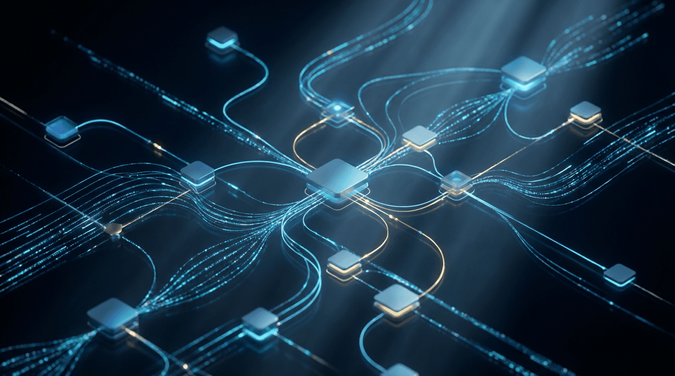 Isometric 3D visualization of glowing blue interconnected nodes and flowing particle streams representing automated AI workflows and digital systems.