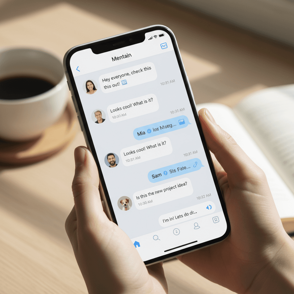 Smartphone screen displaying active text conversation with message bubbles and user avatars in modern messaging interface